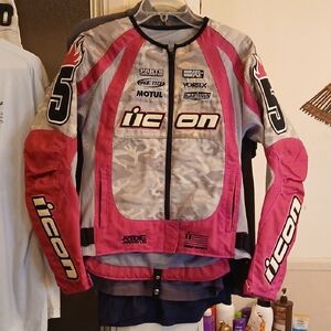 ICON Pink and Gray Moto Racing Jacket, Womens Sz.S
